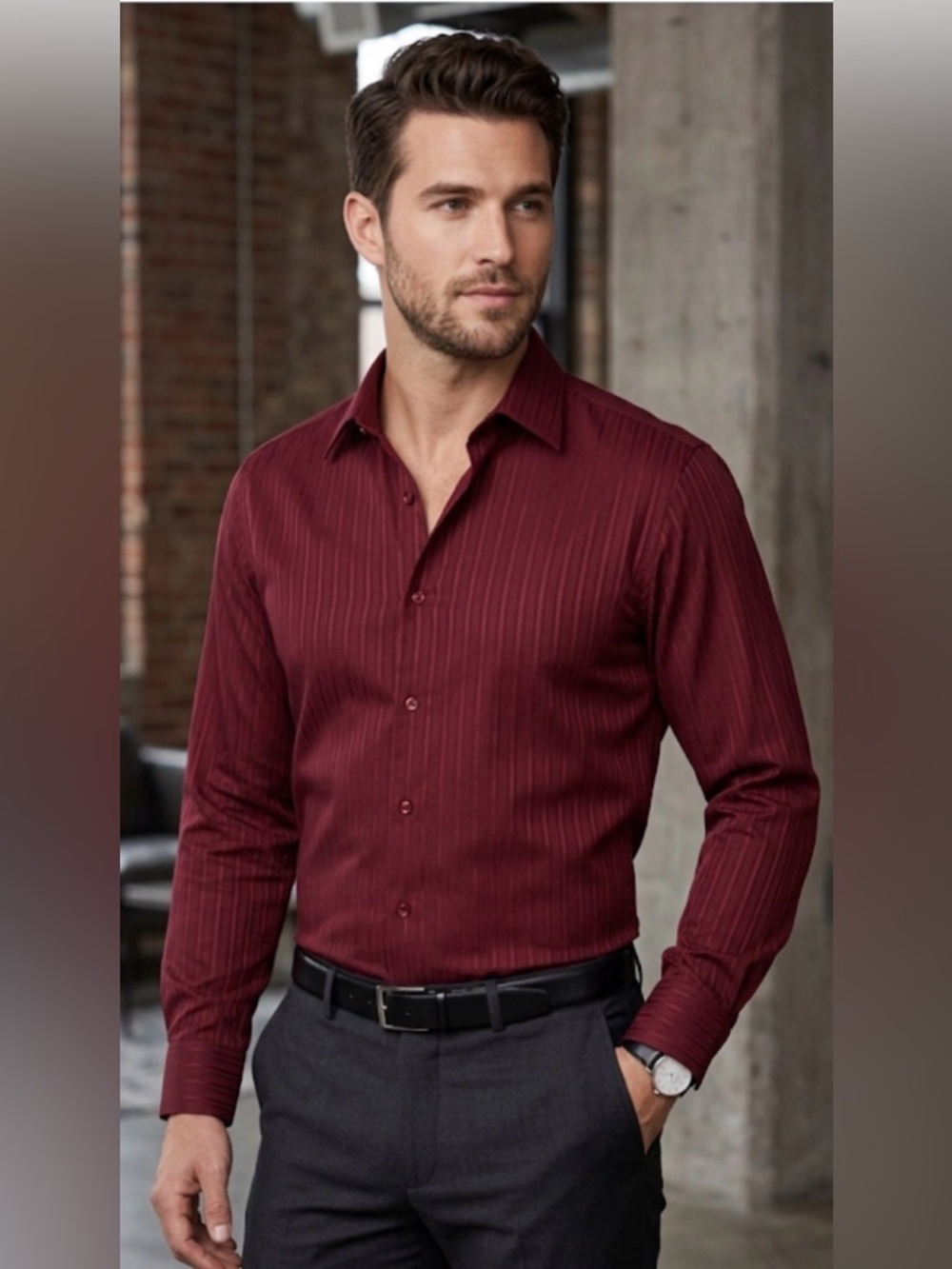 Le Chateau Wine Red Textured Button Down Shirt